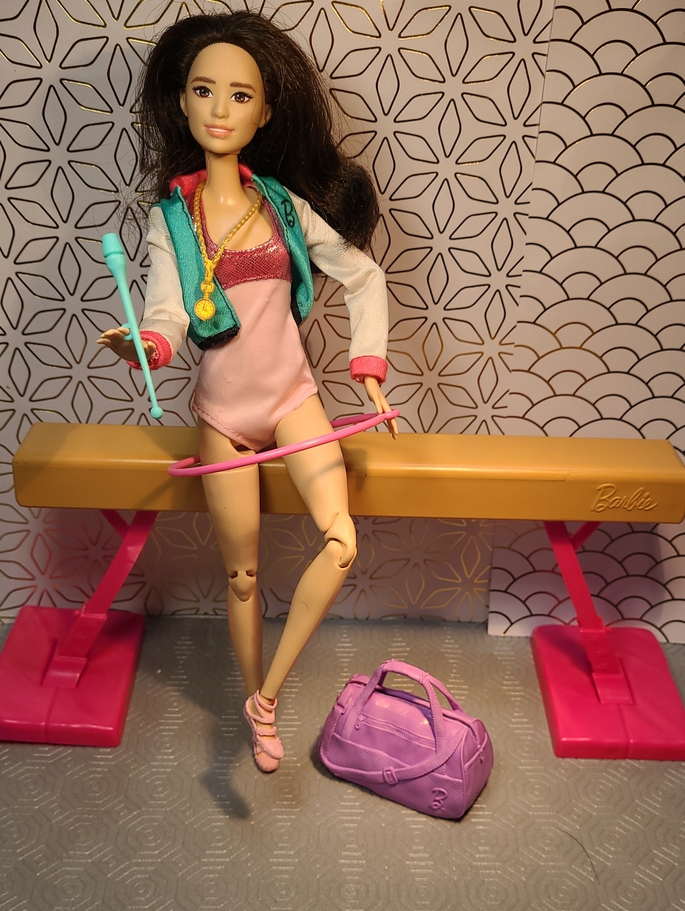 Articulated Barbie Gymnastic Play Set With Beam And Accessories